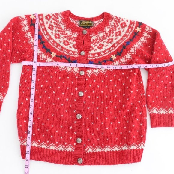 Vintage 80s Eddie Bauer Red with Winter Design 100% Wool Button Up Cardigan Smal - Picture 4 of 15